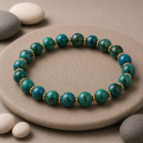Ankastra Chrysocolla bracelet featuring vibrant blue-green stones symbolizing calm, expression, and feminine strength.